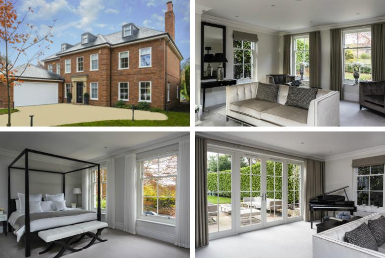 split collage of 4 images of properties with timber windows and doors 