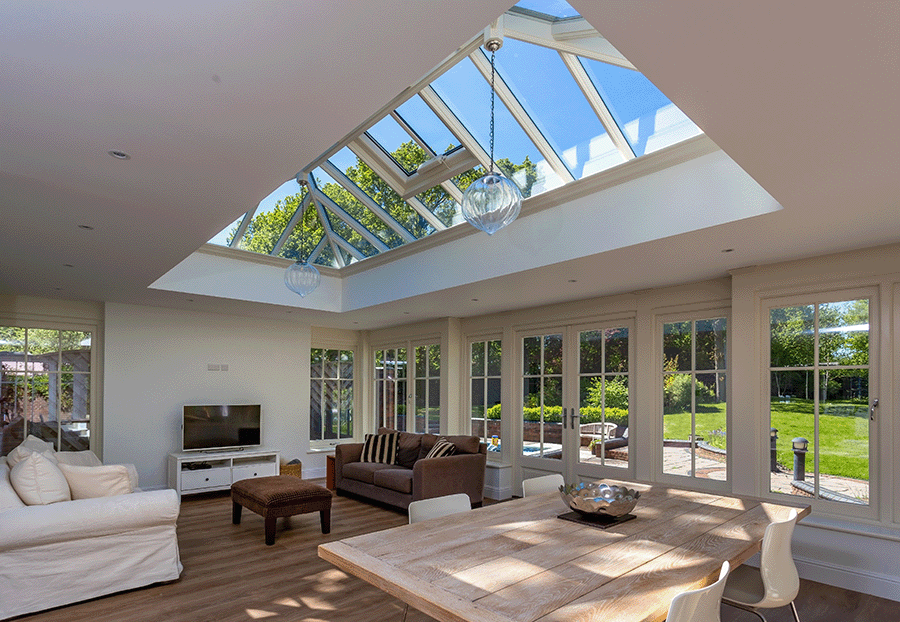 roof lantern viewed from inside a garden room extension