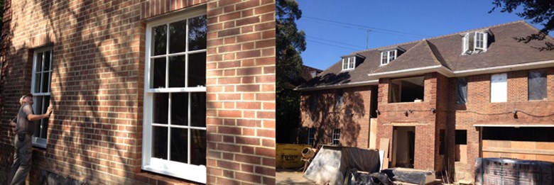 split image of a red brick property having white timber sliding sash windows installed