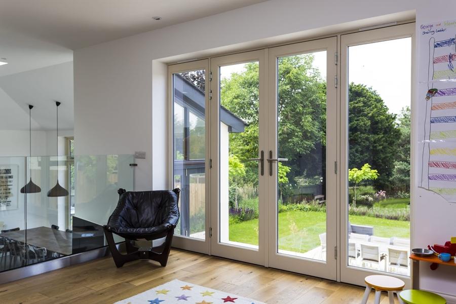 Contemporary timber french doors in playroom