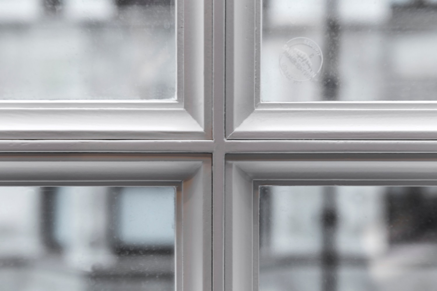 close-up of astragal bars on white timber box sash window