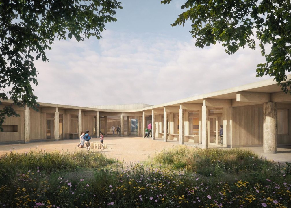 Architectural rendering of the new Stonehenge Learning Centre, featuring its modern design, outdoor courtyard, and natural landscaping. Optimized for education and heritage sites.